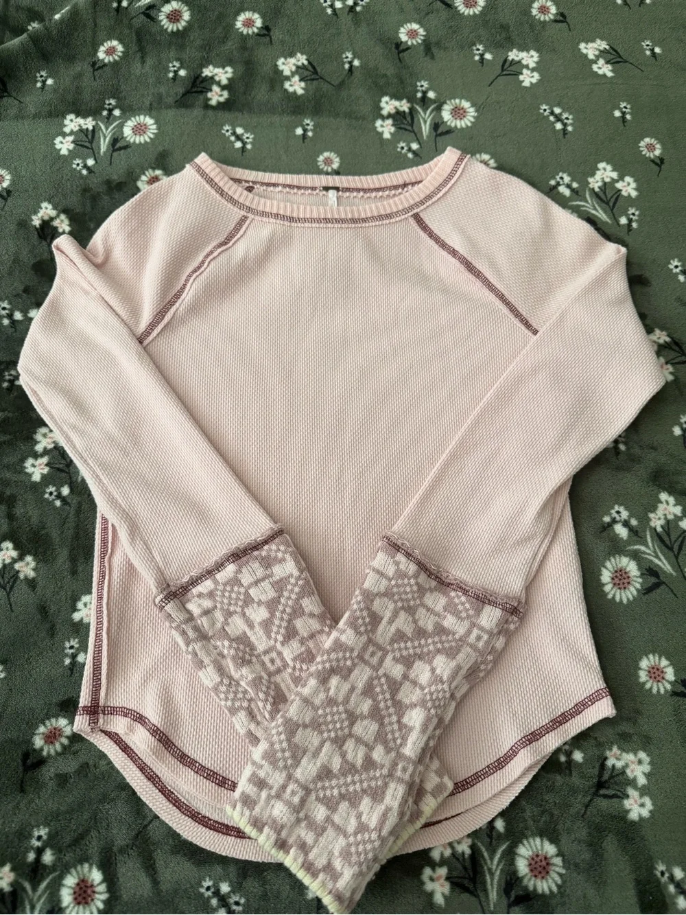 Free People Reversible Pale Pink Long Sleeve Thermal Top with Patterned Cuffs
